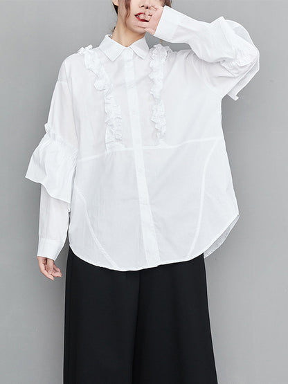 flowersverse Casual Loose Long Sleeves Buttoned Ruffled Solid Color Lapel Collar Blouses&Shirts Tops