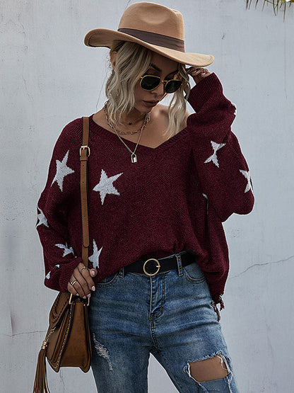 flowersverse Casual Loose Patchwork V-Neck Sweater Top