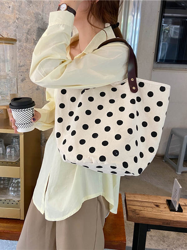 flowersverse Vintage Canvas Polka-Dot Printed Makeup Tote Bag Bucket Bag