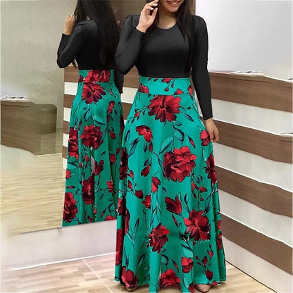 flowersverse Women's Plus Size Holiday Dress Floral Crew Neck Print Long Sleeve Fall Winter Casual Maxi long Dress Daily Dress