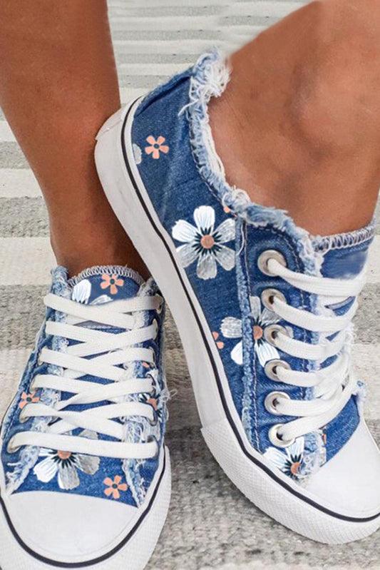 flowersverse Sky Blue Floral Print Lace-up Canvas Sneakers