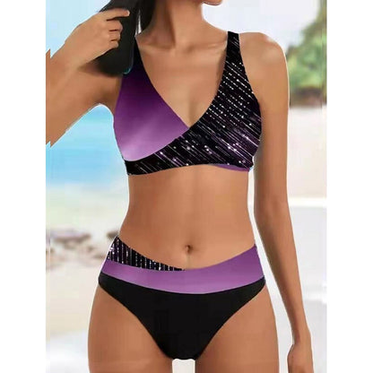 flowersverse Women's Swimwear Bikini Plus Size Swimsuit 2 Piece Striped Black Burgundy Blue Lavender Purple Bandeau Bathing Suits Sports Summer