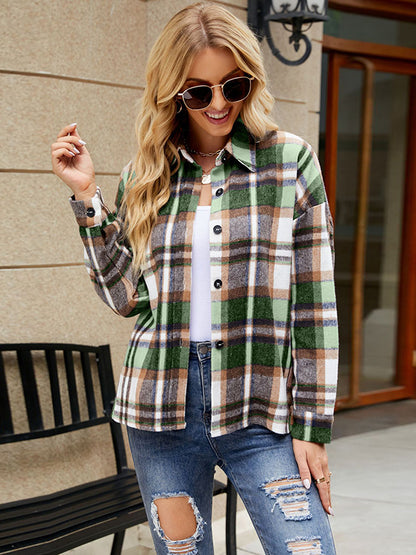 flowersverse Casual Loose Plaid Polo Shirt Top