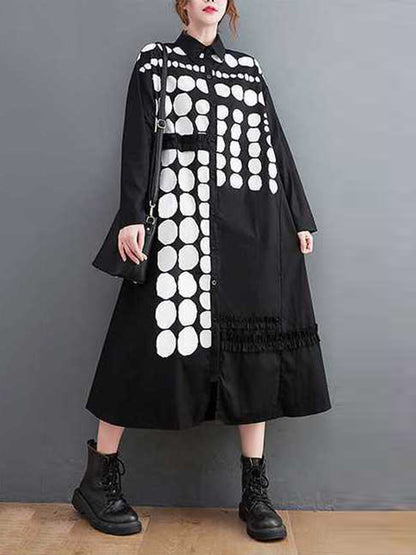 flowersverse A-Line Long Sleeves Asymmetric Buttoned Polka-Dot Lapel Midi Dresses