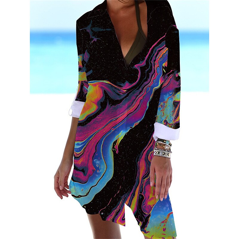 flowersverse Women's Shirt Dress Cover Up Beach Wear Mini Dress Print Fashion Casual Floral V Neck Long Sleeve Loose Fit Outdoor Daily Black White  Spring Summer S M L XL