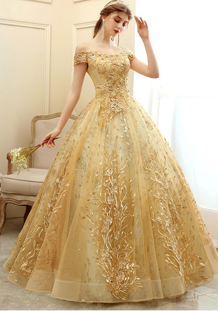 flowersverse Women's Long Gold Off Shoulder Evening Dress