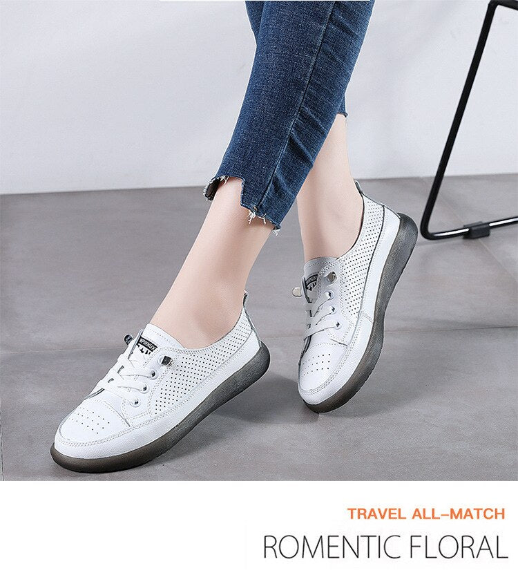 flowersverse Women's Leather Sneakers Women Casual Fashionable Sports Shoes Vulcanized Woman Summer Flat Shoe Ladies White Lacing 40