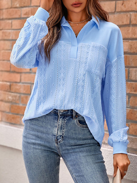 flowersverse Pockets Solid Color Split-Joint Long Sleeves Loose Lapel Blouses&shirts Tops