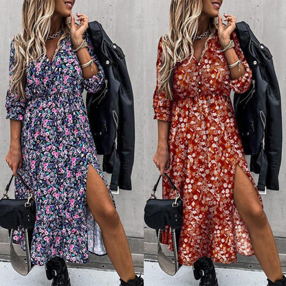 flowersverse Fashion Floral Slim V-neck Printed Split Long Dress