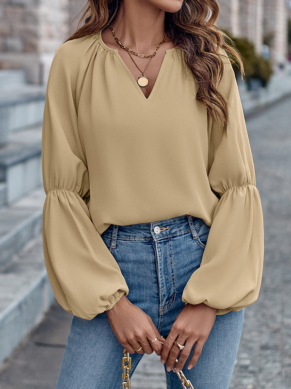 flowersverse Solid Color Loose V-Neck Blouses&Shirts Tops