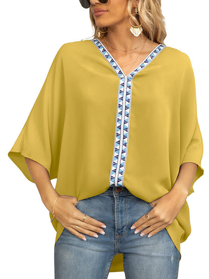 flowersverse Split-Joint Batwing Sleeves Loose V-neck Blouses&shirts Tops