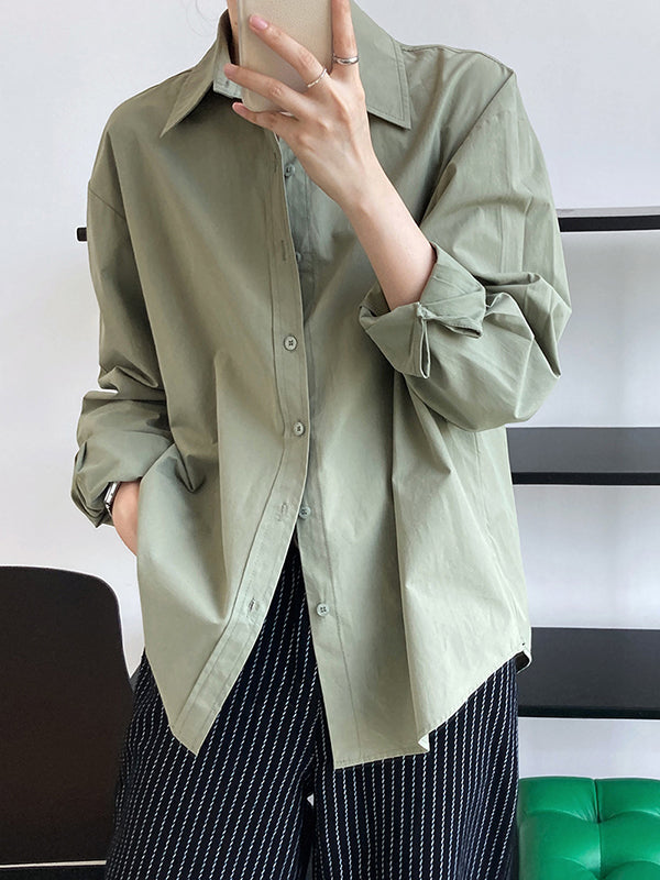 flowersverse Simple Loose Long Sleeves Buttoned Solid Color Lapel Collar Blouses&Shirts Tops