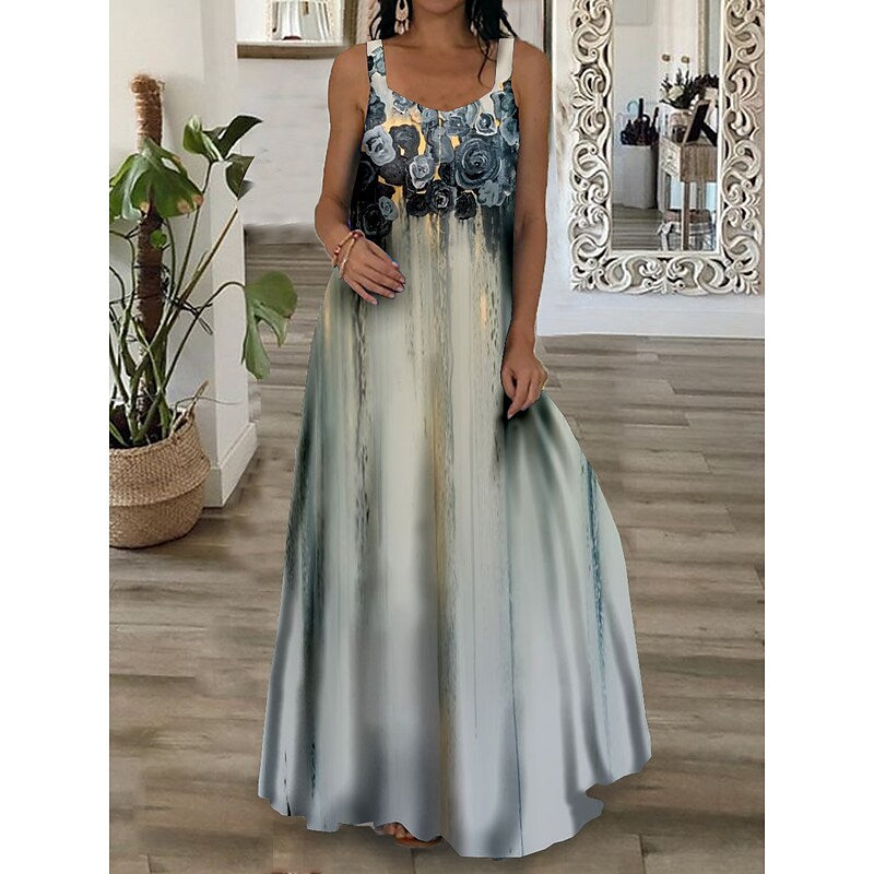 flowersverse Women's Long Dress Maxi Dress Swing Dress Summer Dress Slip Dress Floral Oil Painting Fashion Romantic Vacation Weekend Spring Dress Print Sleeveless Strap Dress Regular Fit Yellow Blue Dark Green