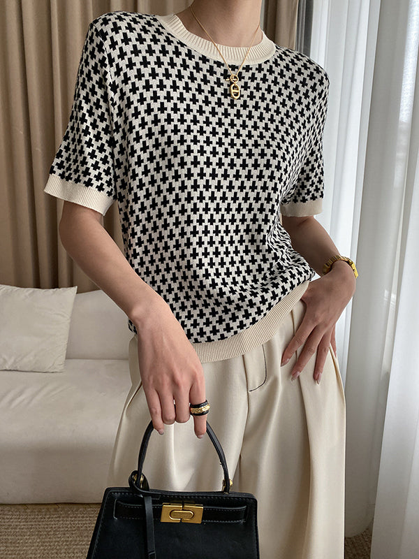 flowersverse Houndstooth Half Sleeves Round-Neck Sweater Tops