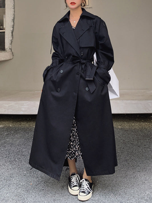 flowersverse Buckle Buttoned Solid Color Split-Back Long Sleeves Loose Lapel Trench Coats