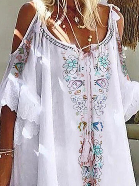 flowersverse Vintage 3/4 Sleeve Geometric Floral Printed Plus Size Casual Holiday Weaving Dress