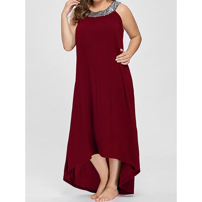 flowersverse Women's Plus Size Casual Dress Swing Dress Solid Color Long Dress Maxi Dress Sleeveless Asymmetric Crew Neck Fashion Party Black Red Fall Spring XL XXL 3XL