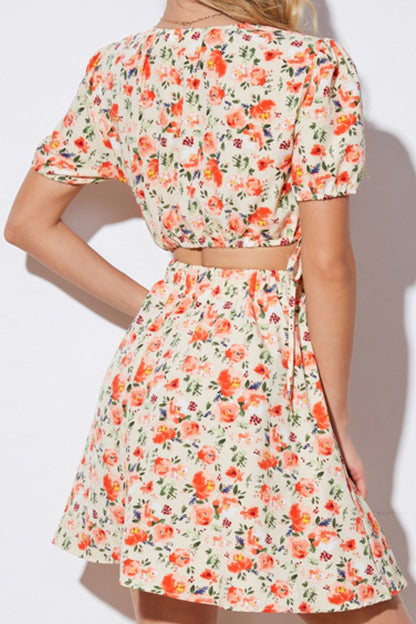 flowersverse Floral Cutout Short Puff Sleeve Dress