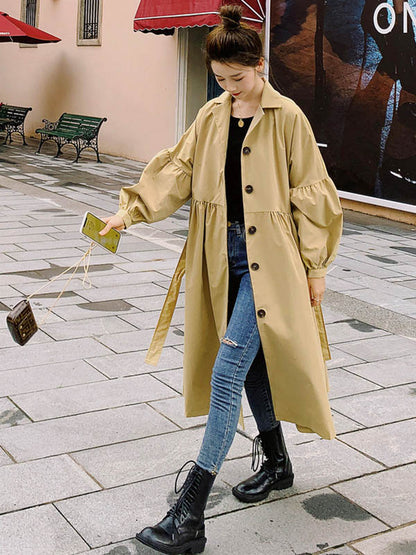 flowersverse Casual Lose Tied Buttoned High-Waist Notched Collar Long Bishop Sleeves Trench Coat