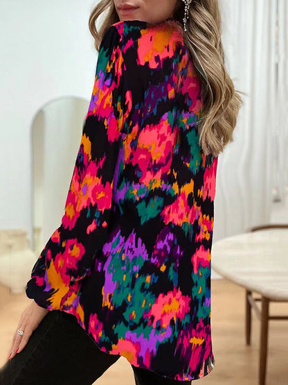 flowersverse Printed Long Sleeves Loose V-Neck Blouses&Shirts Tops