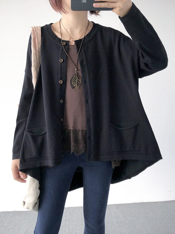 flowersverse Casual Loose Buttoned 8 Colors High-Low Round-Neck Long Sleeves Cardigan Tops