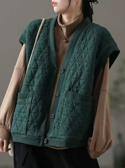 flowersverse Simple Loose Sleeveless Buttoned Quilted Solid Color V-Neck Vest Outerwear