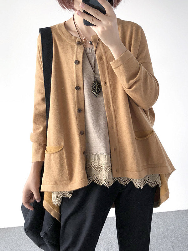 flowersverse Casual Loose Buttoned 8 Colors High-Low Round-Neck Long Sleeves Cardigan Tops