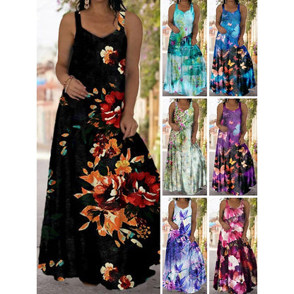 flowersverse Women's Plus Size Casual Dress Slip Dress Floral Butterfly Long Dress Maxi Dress Sleeveless Backless Print Strap Fashion Daily Black Light Green Spring Summer L XL XXL 3XL 4XL