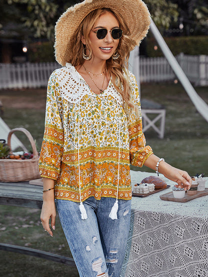 flowersverse Peter Pan Neckline Bohemian Floral Blouse