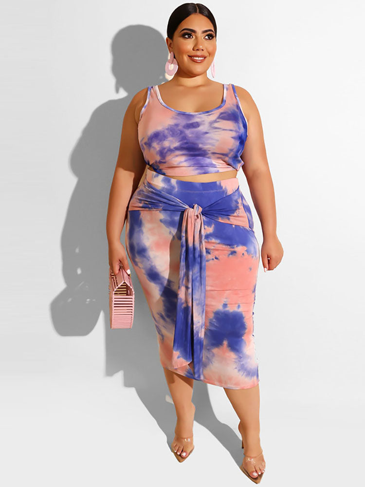 flowersverse Plus Size Two Piece Tank Top + Midi Skirt Set