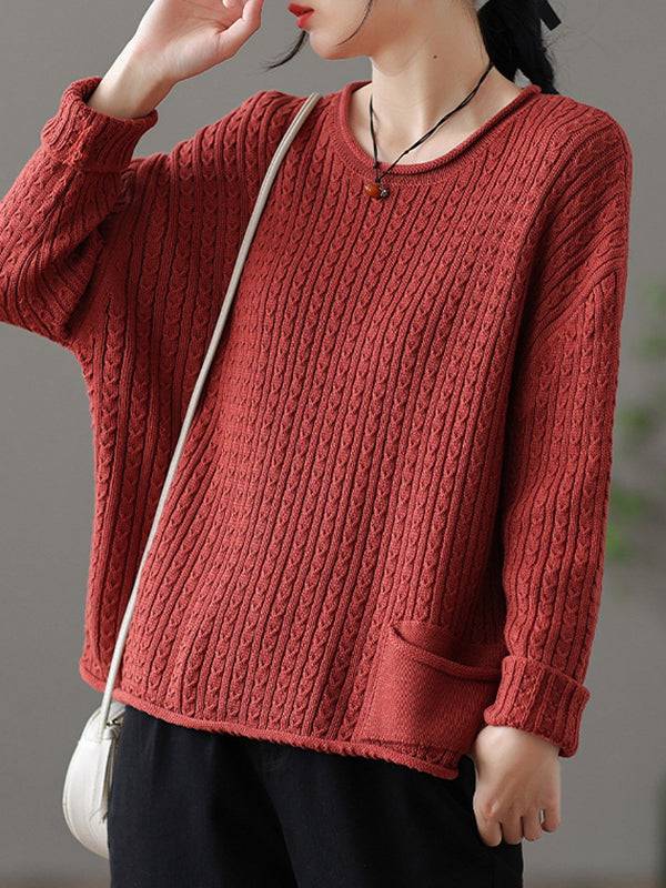 flowersverse Artistic Retro Loose Long Sleeves Jacquard Solid Color Round-Neck Sweater Tops