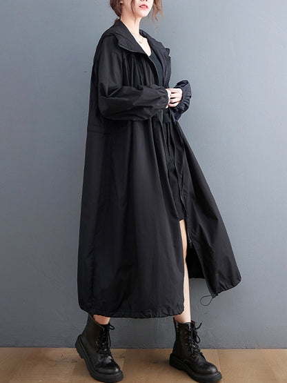 flowersverse Casual Loose Solid Color Zipper Drawstring Long Sleeves Hooded Trench Coat