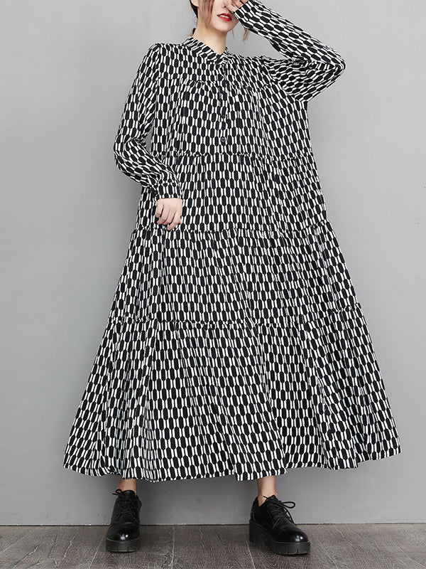 flowersverse Casual Long Sleeves Loose Buttoned Contrast Color Printed Split-Joint Stand Collar Midi Dresses