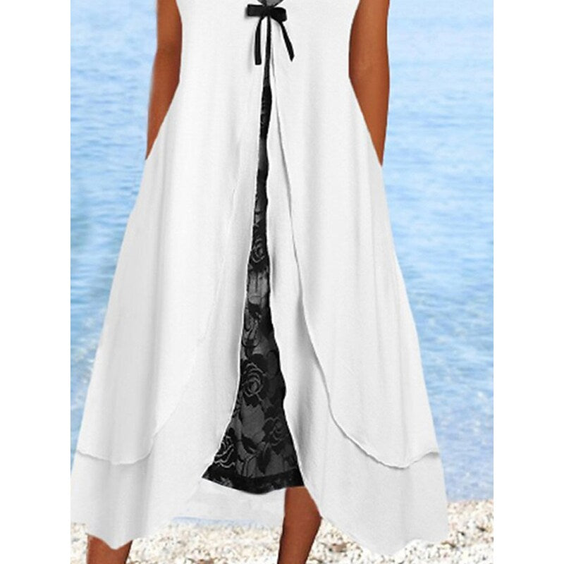 flowersverse Women's Casual Dress Tank Dress Summer Dress Floral Layered Fake two piece V Neck Midi Dress Active Fashion Outdoor Daily Sleeveless Regular Fit White Spring Summer S M L XL XXL