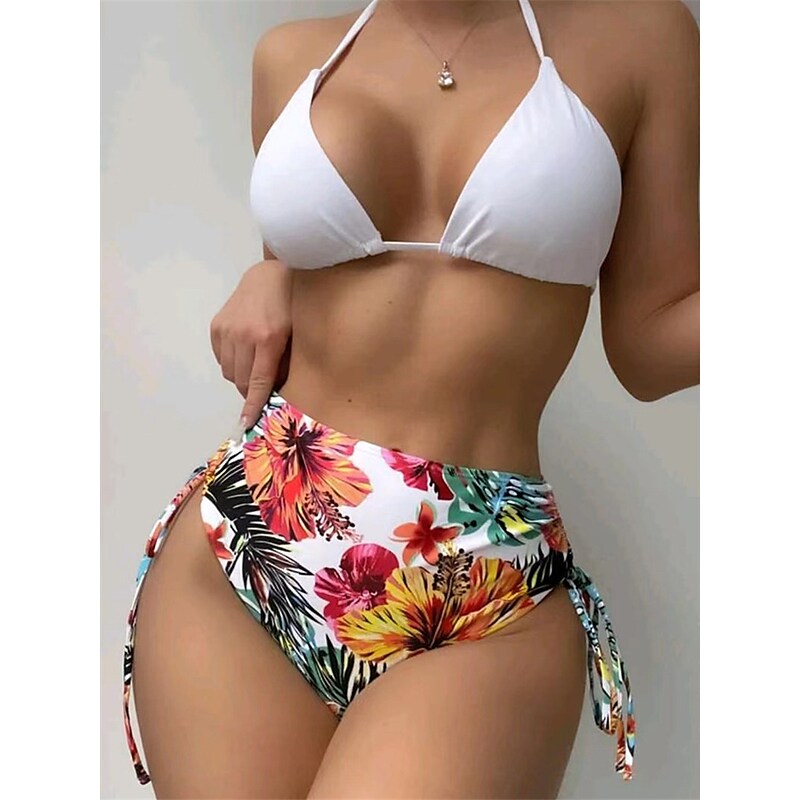 flowersverse Women's Swimwear Bikini Three Piece Normal Swimsuit High Waist Open Back Printing Flower Black Yellow White Halter V Wire Bathing Suits Sexy Vacation Fashion