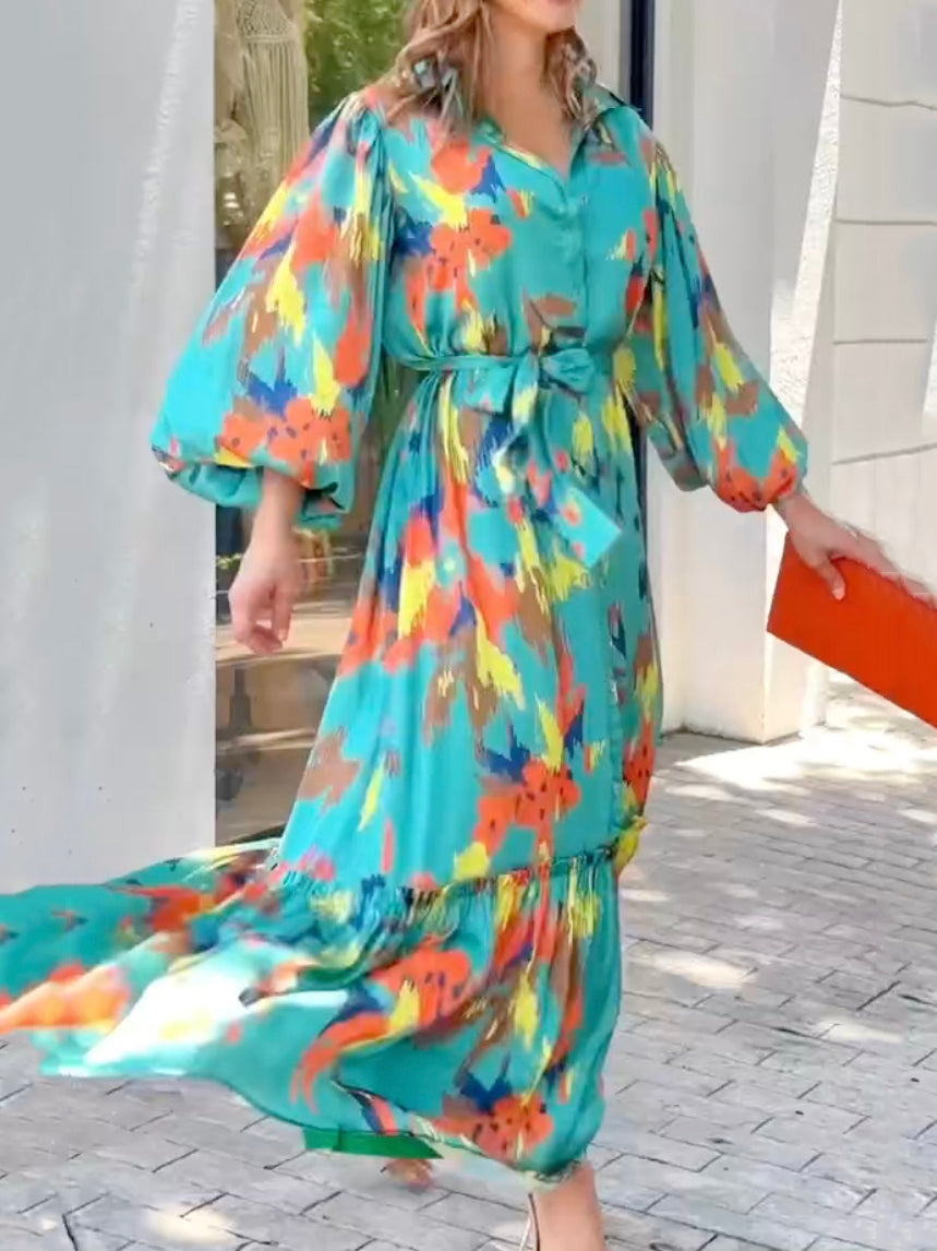 flowersverse Long Sleeves Loose Printed Lapel Collar Maxi Dresses