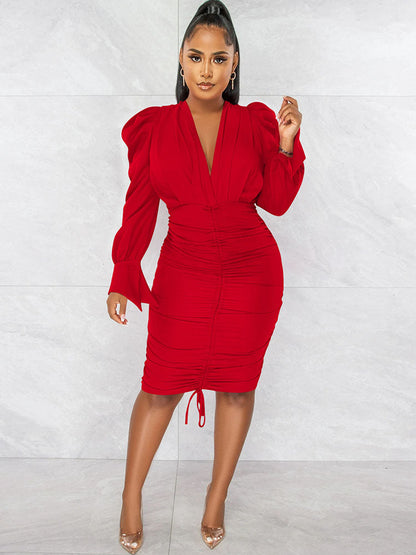 flowersverse Long Sleeve V Neck Ruched Bodycon Midi Dresses