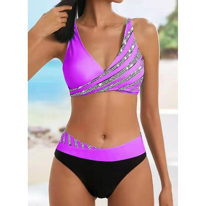 flowersverse Women's Swimwear Bikini Plus Size Swimsuit 2 Piece Striped Black Burgundy Blue Lavender Purple Bandeau Bathing Suits Sports Summer