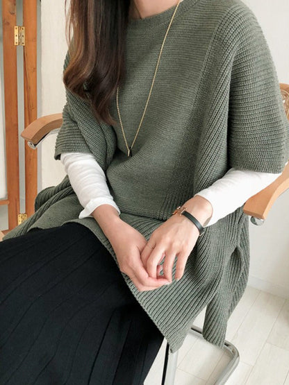 flowersverse Casual Loose Split-Side Round-Neck Sweater Tops