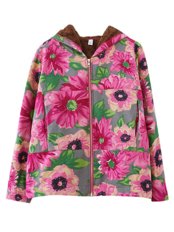 flowersverse Artistic Retro Velvet Floral Printed Zipper Hooded Long Sleeves Outwear