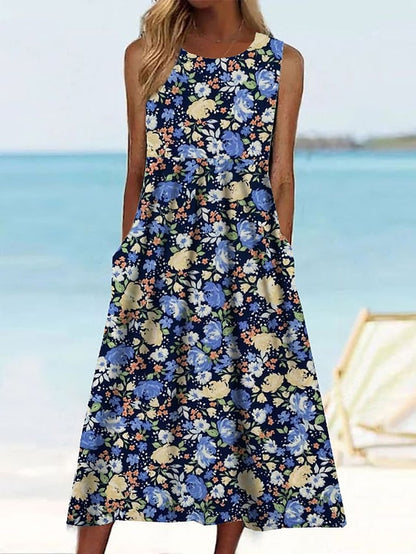 flowersverse Women's Casual Dress Tank Dress Floral Dress Floral Pocket Print Crew Neck Midi Dress Fashion Modern Daily Holiday Sleeveless Regular Fit Blue Summer Spring S M L XL XXL