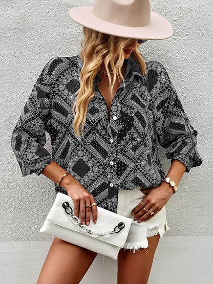 flowersverse Casual Loose Printed Lapel Collar Shirt Top