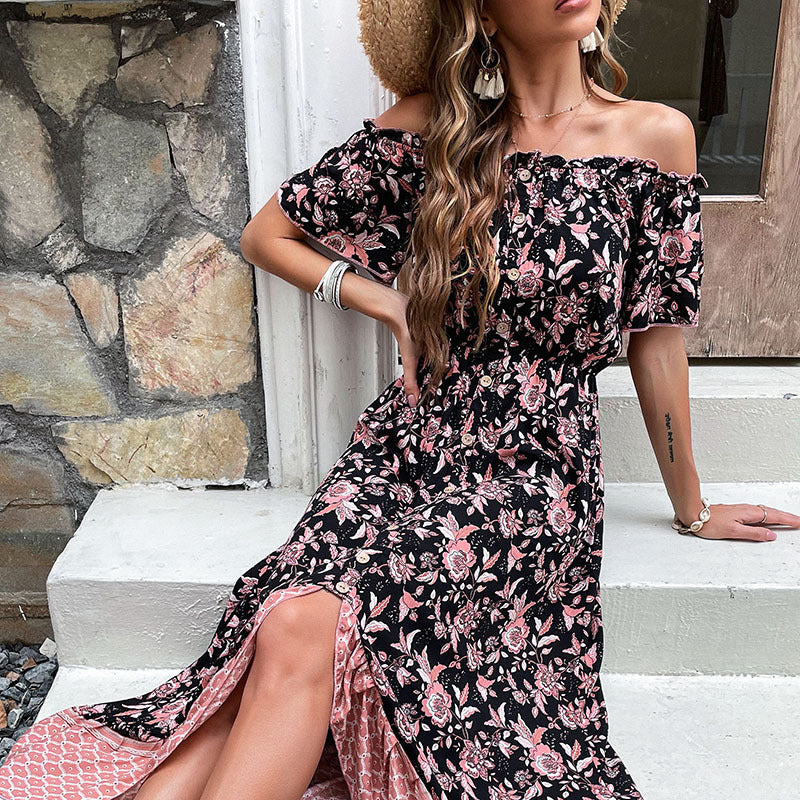 flowersverse Midi Floral Print Slip-Neck Black Dress