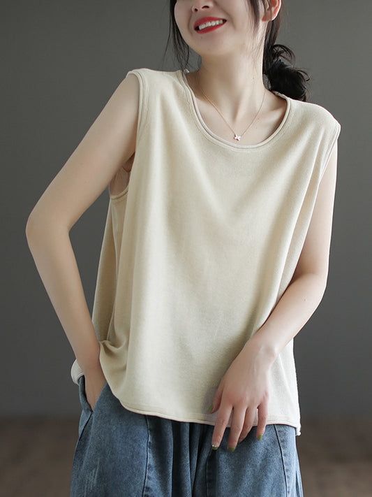 flowersverse Solid Color Loose Sleeveless Round-neck Knitting Vest Top