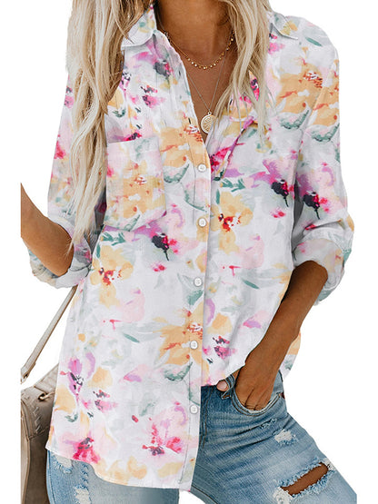 flowersverse Buttoned Flower Print Pockets High-Low Long Sleeves Lapel Blouses&Shirts Tops