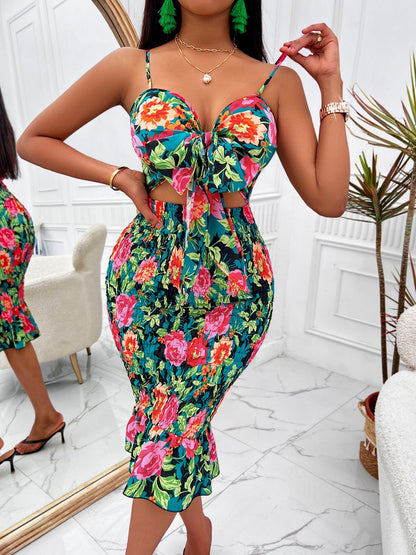 flowersverse Classy Floral Sweetheart Neck Cutout Midi Dress