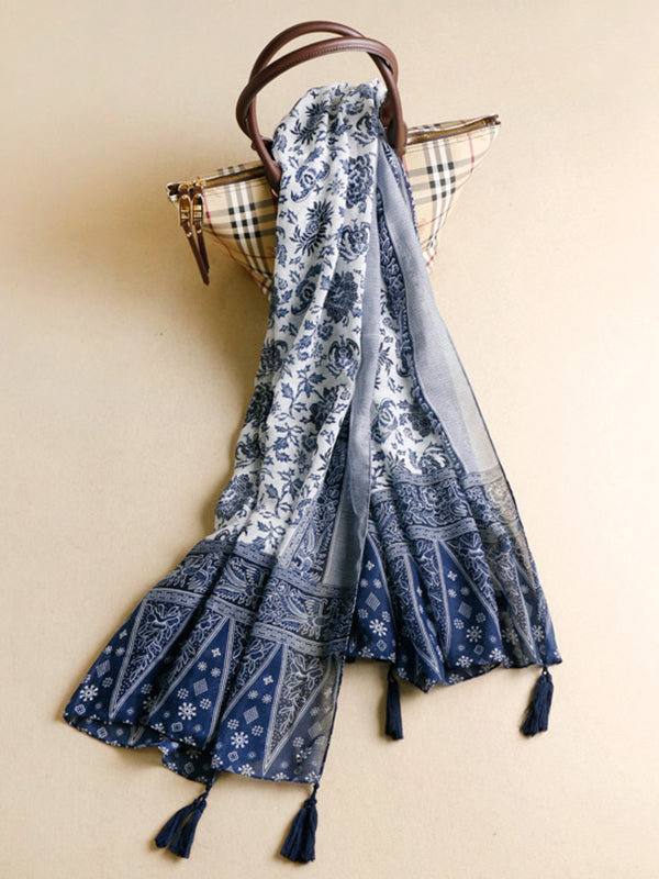 flowersverse Printed Blue-And-White Sun-protection Tasseled Shawl&Scarf