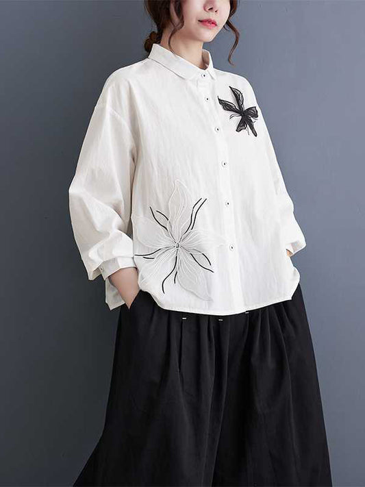 flowersverse Applique Buttoned Embroidered Long Sleeves Loose Lapel Blouses&Shirts Tops