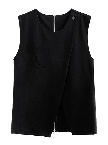 flowersverse Asymmetric Zipper Loose Sleeveless Round-Neck Vest Top