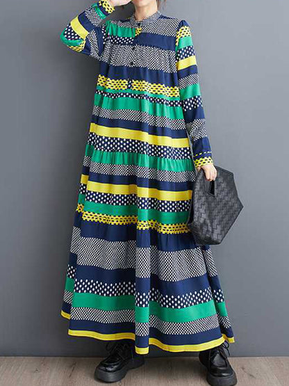 flowersverse A-Line Long Sleeves Buttoned Polka-Dot Split-Joint Round-Neck Midi Dresses